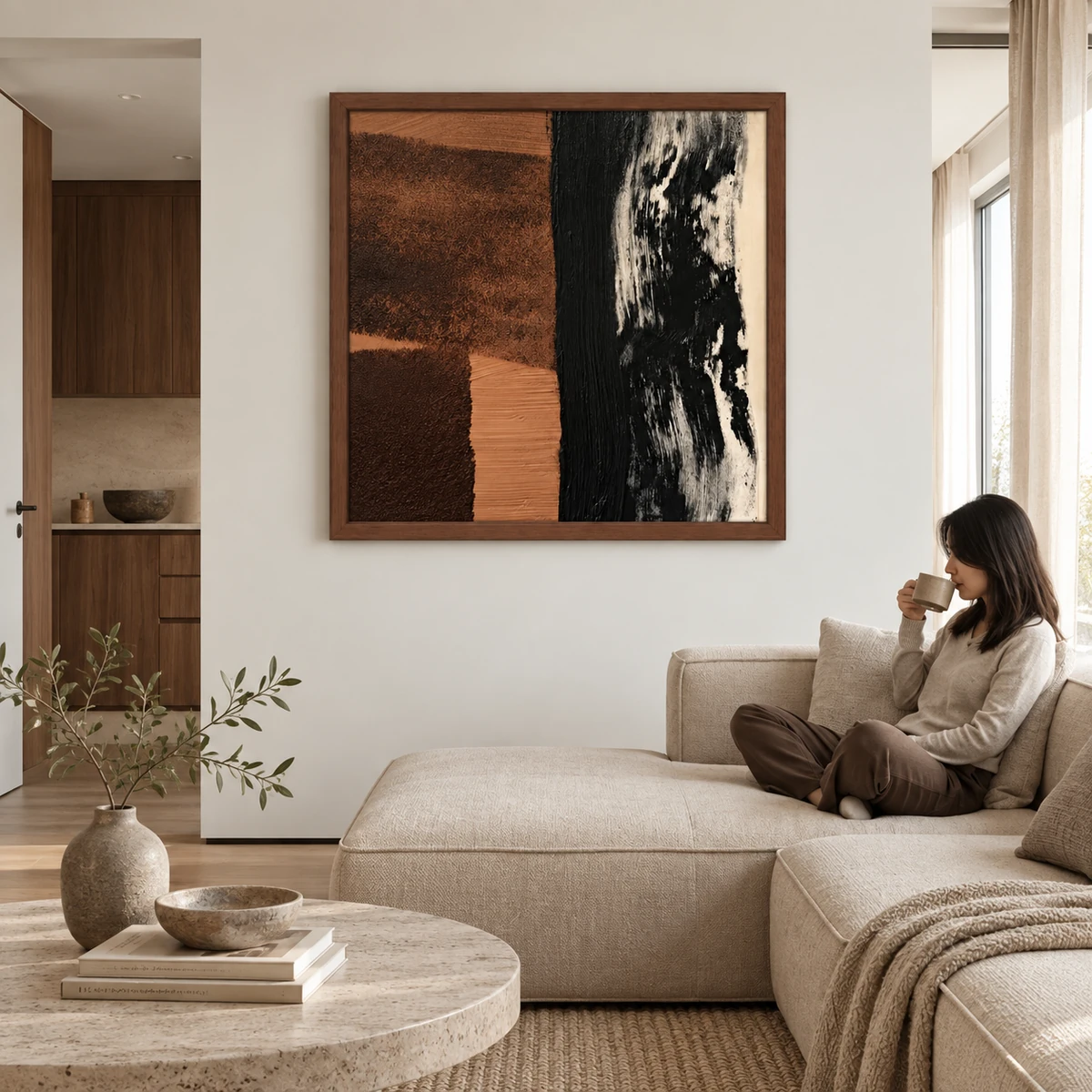 Quiet Earth hand-painted abstract wall art in a walnut-finish frame in a neutral living room