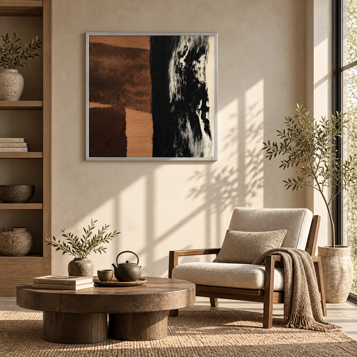 Quiet Earth hand-painted wabi-sabi wall art in an aluminium alloy frame in a reading room