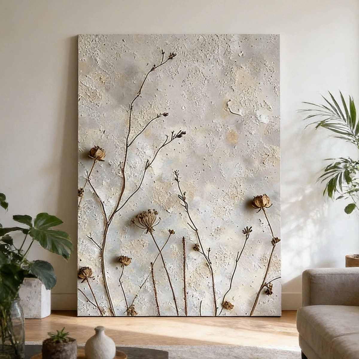 Quiet Flora textured floral oil painting displayed unframed in a contemporary living room