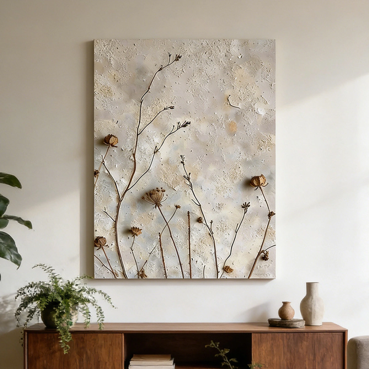 Quiet Flora textured floral oil painting displayed unframed above an entryway console