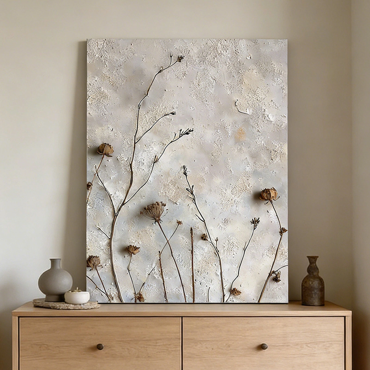 Quiet Flora textured floral oil painting displayed unframed above a light wood dining-room sideboard