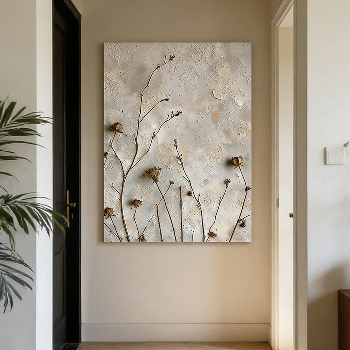Quiet Flora textured floral oil painting displayed unframed in a neutral entryway