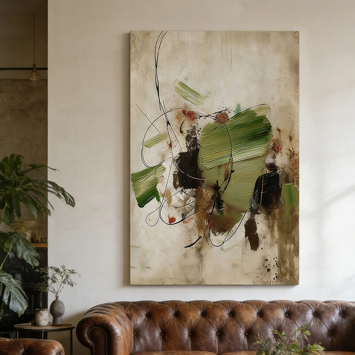 Quiet Patina textured abstract oil painting displayed unframed in a contemporary living room