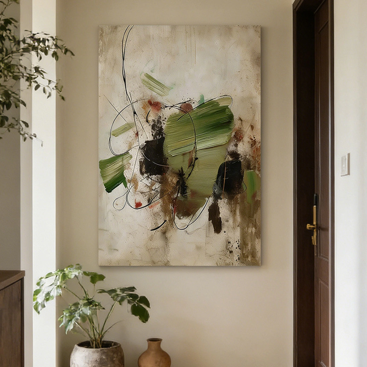 Quiet Patina textured abstract oil painting displayed unframed above an entryway console