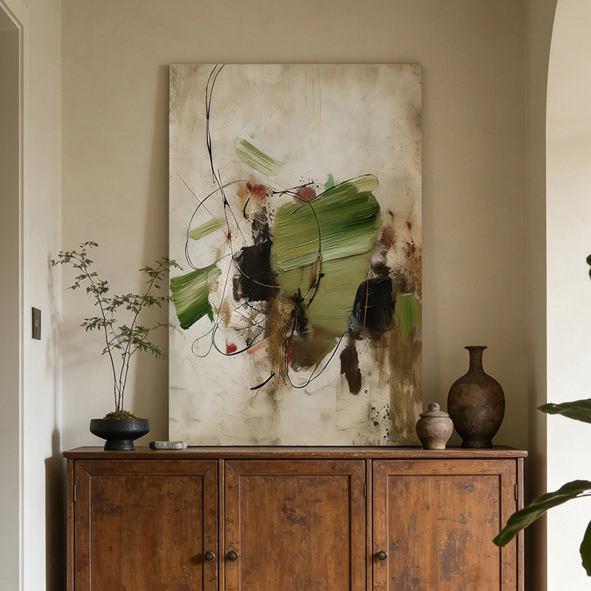Quiet Patina textured abstract oil painting displayed unframed above a light wood dining-room sideboard