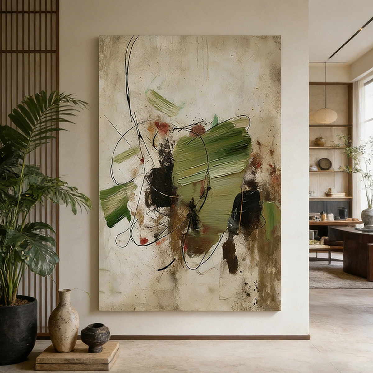Quiet Patina textured abstract oil painting displayed unframed in a quiet neutral interior
