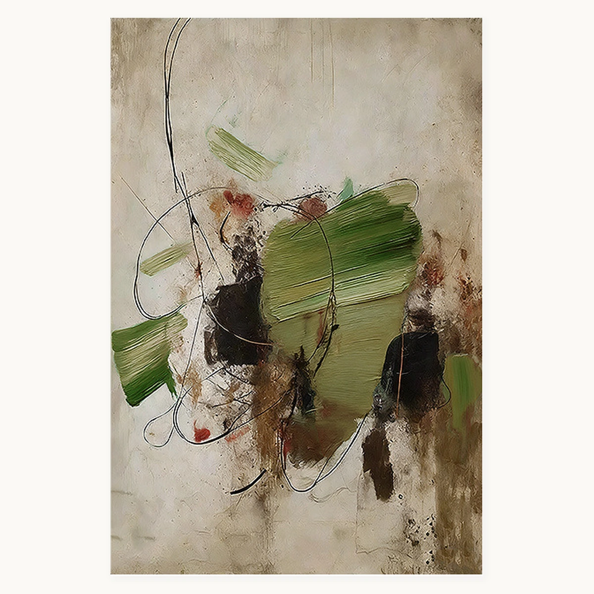Quiet Patina portrait abstract oil painting with olive green strokes, dark blocks and looping lines