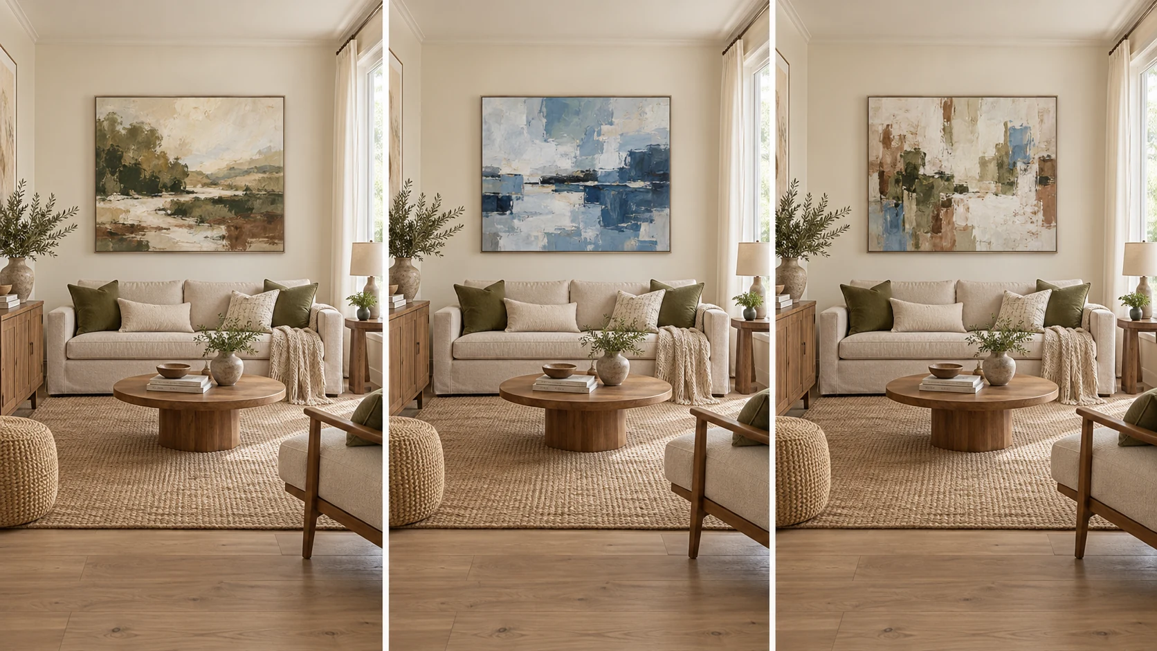 Three side-by-side views of the same neutral living room showing Repeat, Contrast and Bridge artwork color strategies
