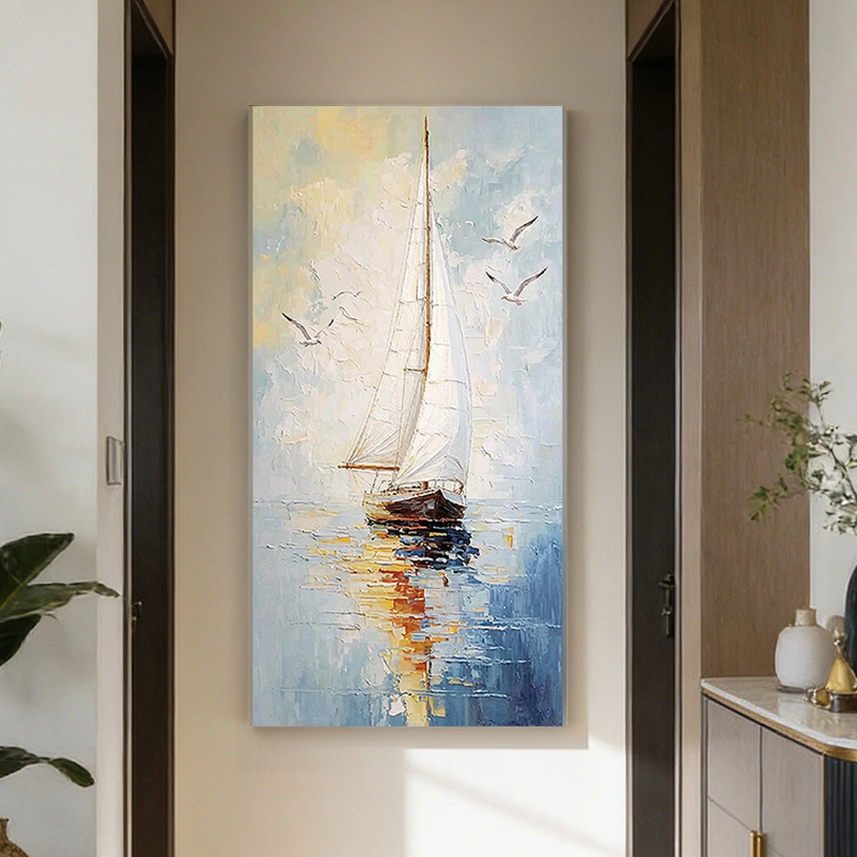 Sailing Horizon sailboat landscape oil painting displayed unframed on a tall entryway wall