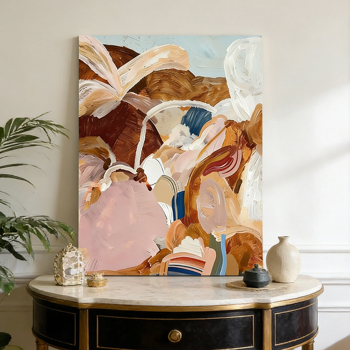 Soft Cadence textured cream-tone abstract oil painting displayed unframed above a console table