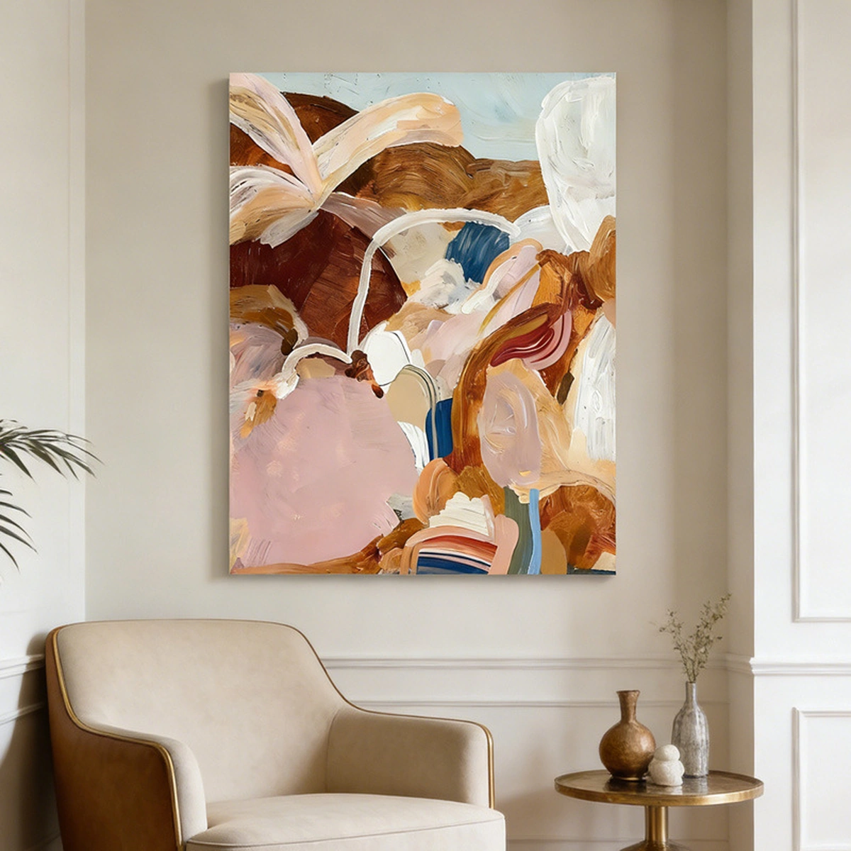 Soft Cadence textured cream-tone abstract oil painting displayed unframed above a reading chair