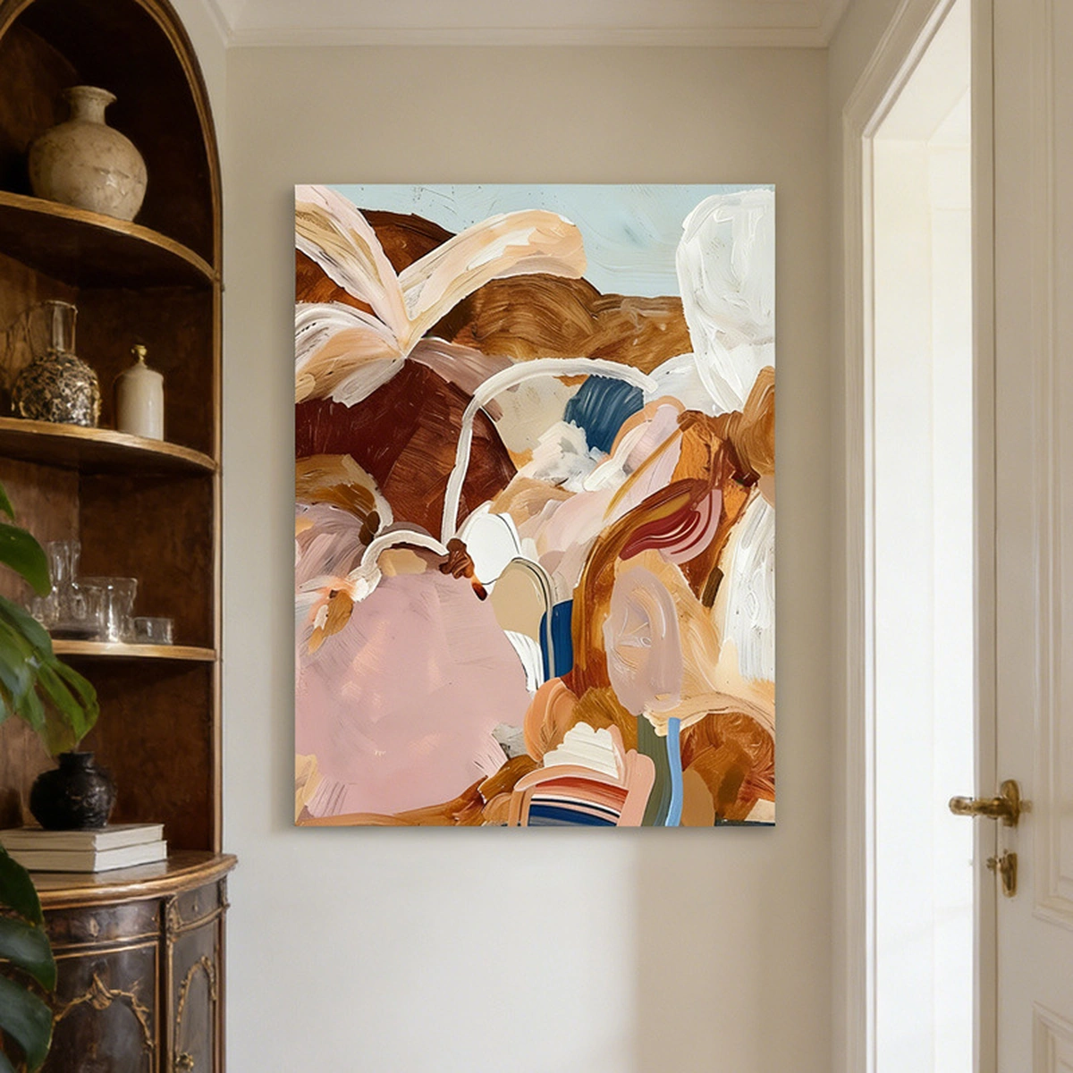 Soft Cadence textured cream-tone abstract oil painting displayed unframed in a bright entryway