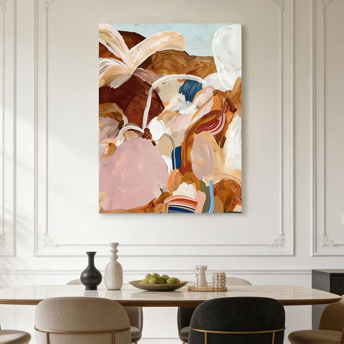 Soft Cadence textured cream-tone abstract oil painting displayed unframed above a dining table