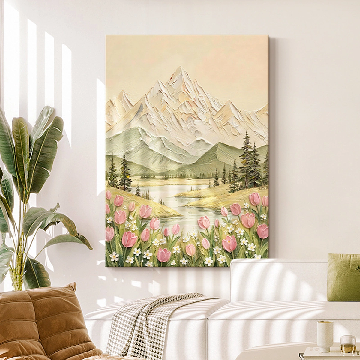 Soft Ridge textured landscape oil painting displayed unframed in a bright living room