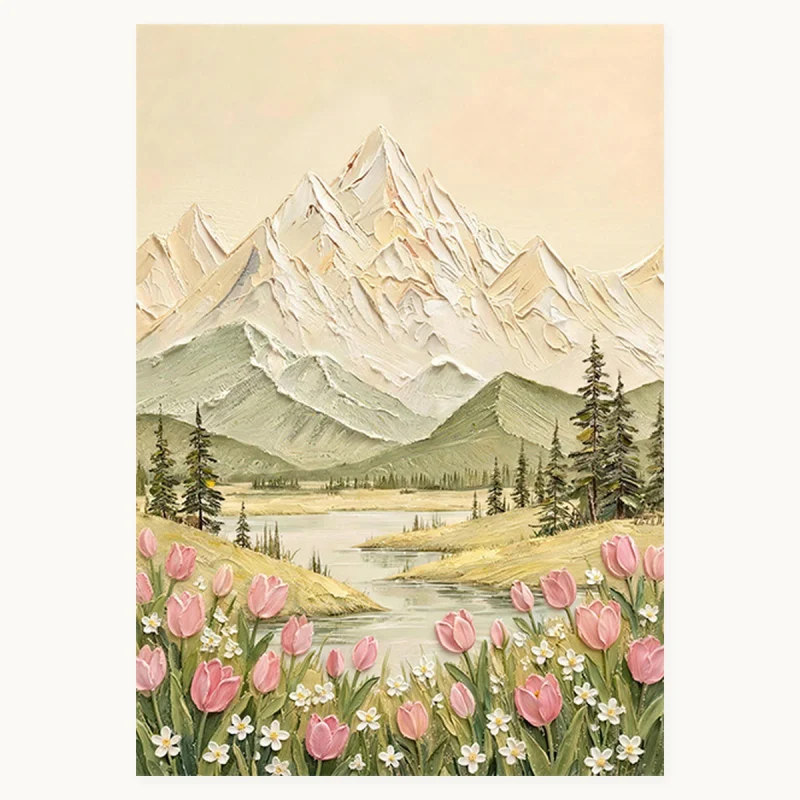 Soft Ridge portrait landscape oil painting with pale mountains, water, evergreen trees and pink flowers