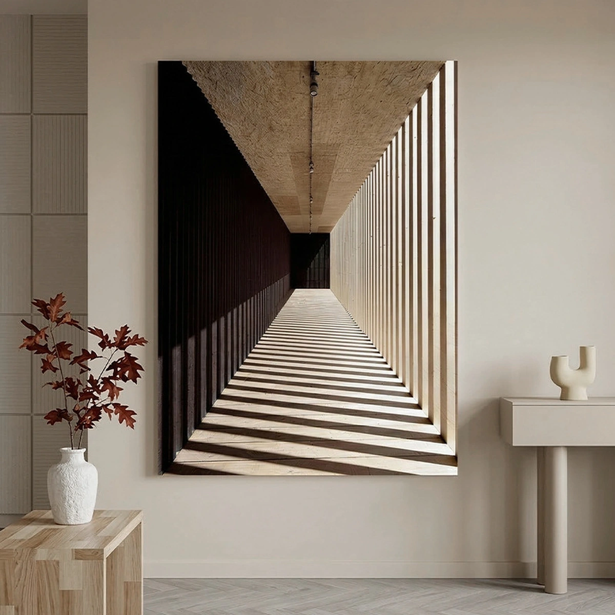 Spatial Echo abstract oil painting displayed unframed in a modern living room