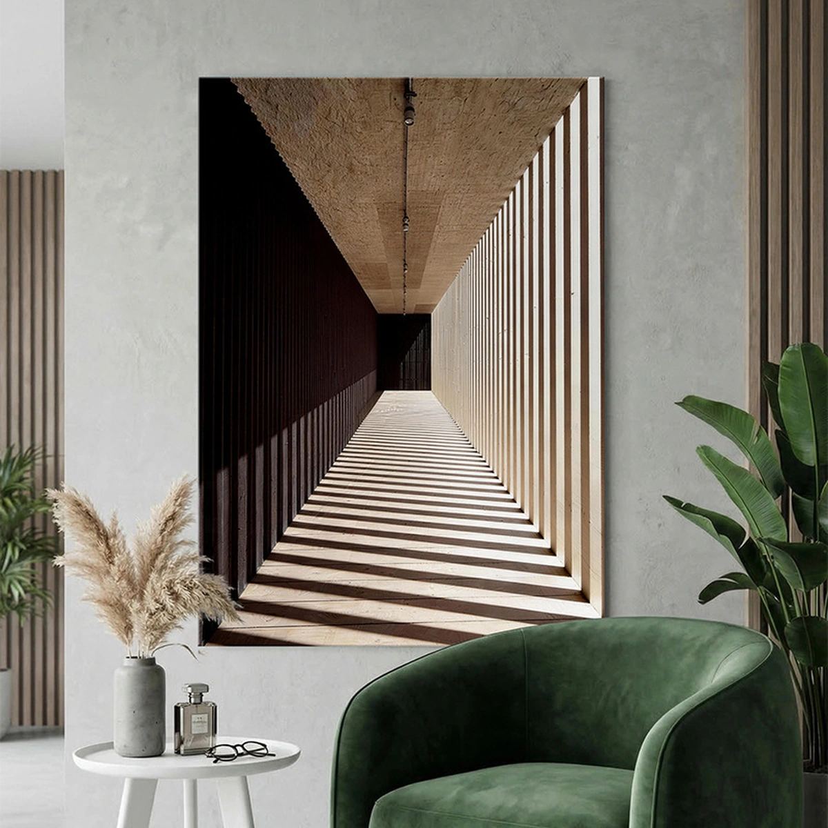 Spatial Echo portrait abstract painting displayed unframed in a quiet neutral lounge