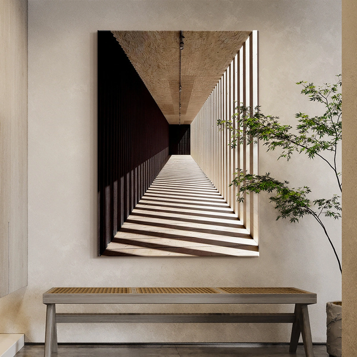 Spatial Echo geometric abstract painting displayed unframed above a console