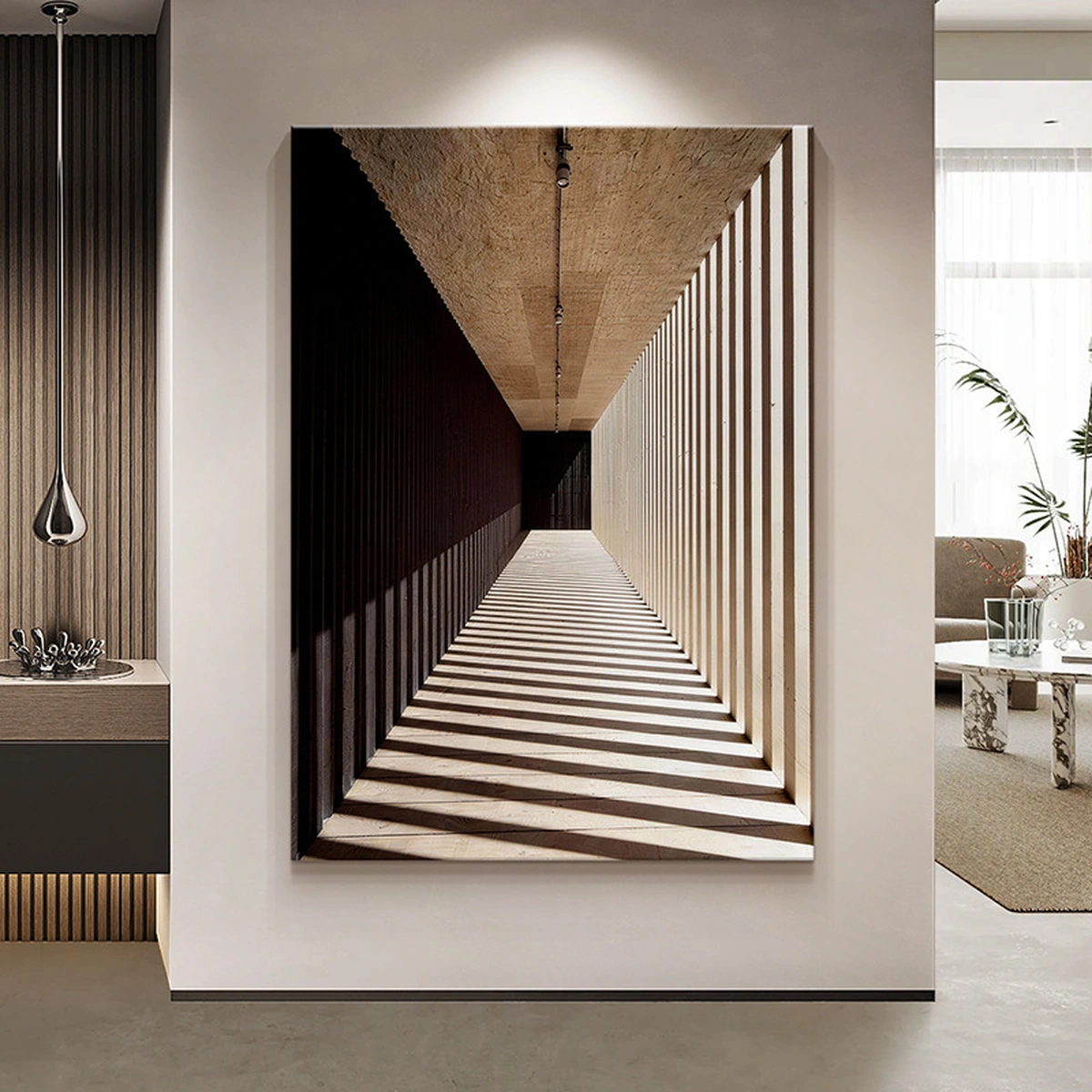 Spatial Echo warm neutral abstract painting displayed unframed in a refined interior