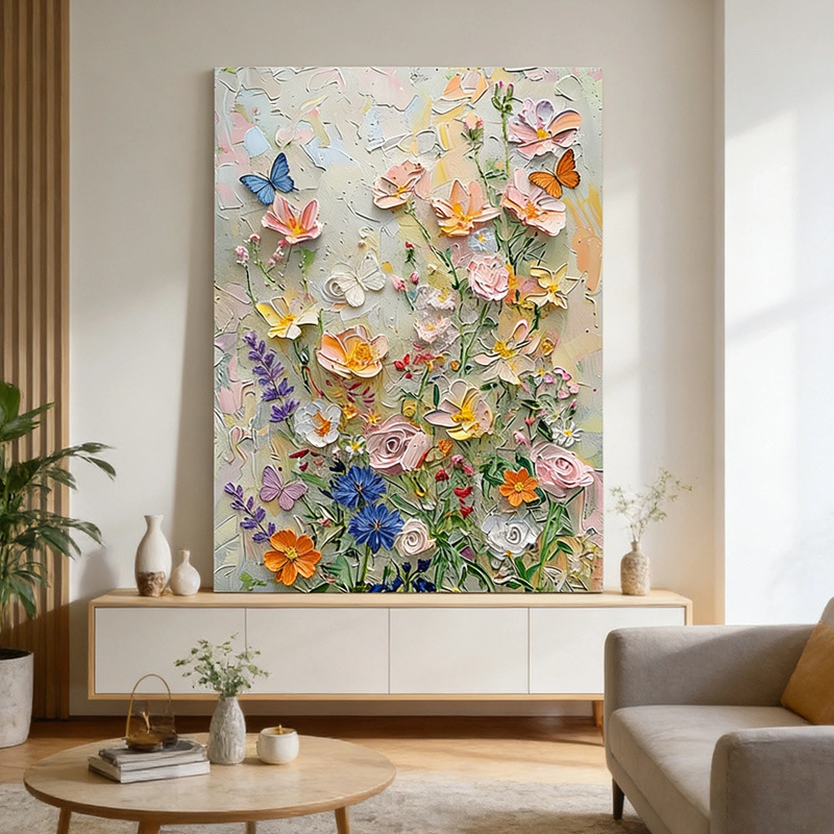 Spring Whispers portrait floral painting displayed unframed above a living room console