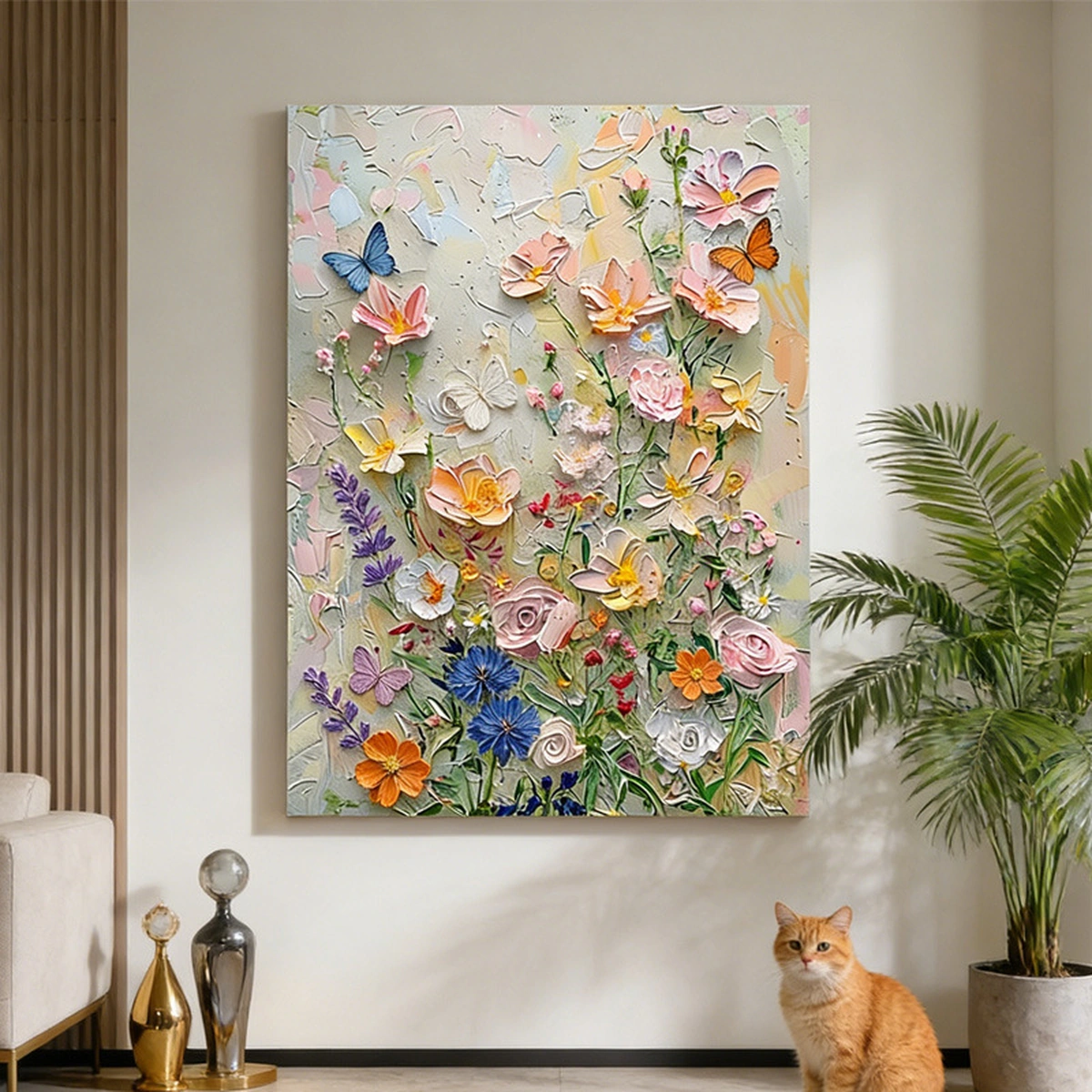 Spring Whispers portrait floral painting displayed unframed in a bright interior with greenery