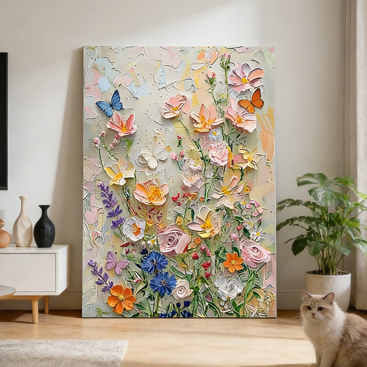 Spring Whispers portrait floral painting displayed unframed in a light contemporary room