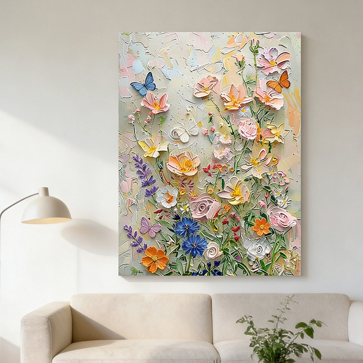 Spring Whispers portrait floral painting displayed unframed above a neutral sofa