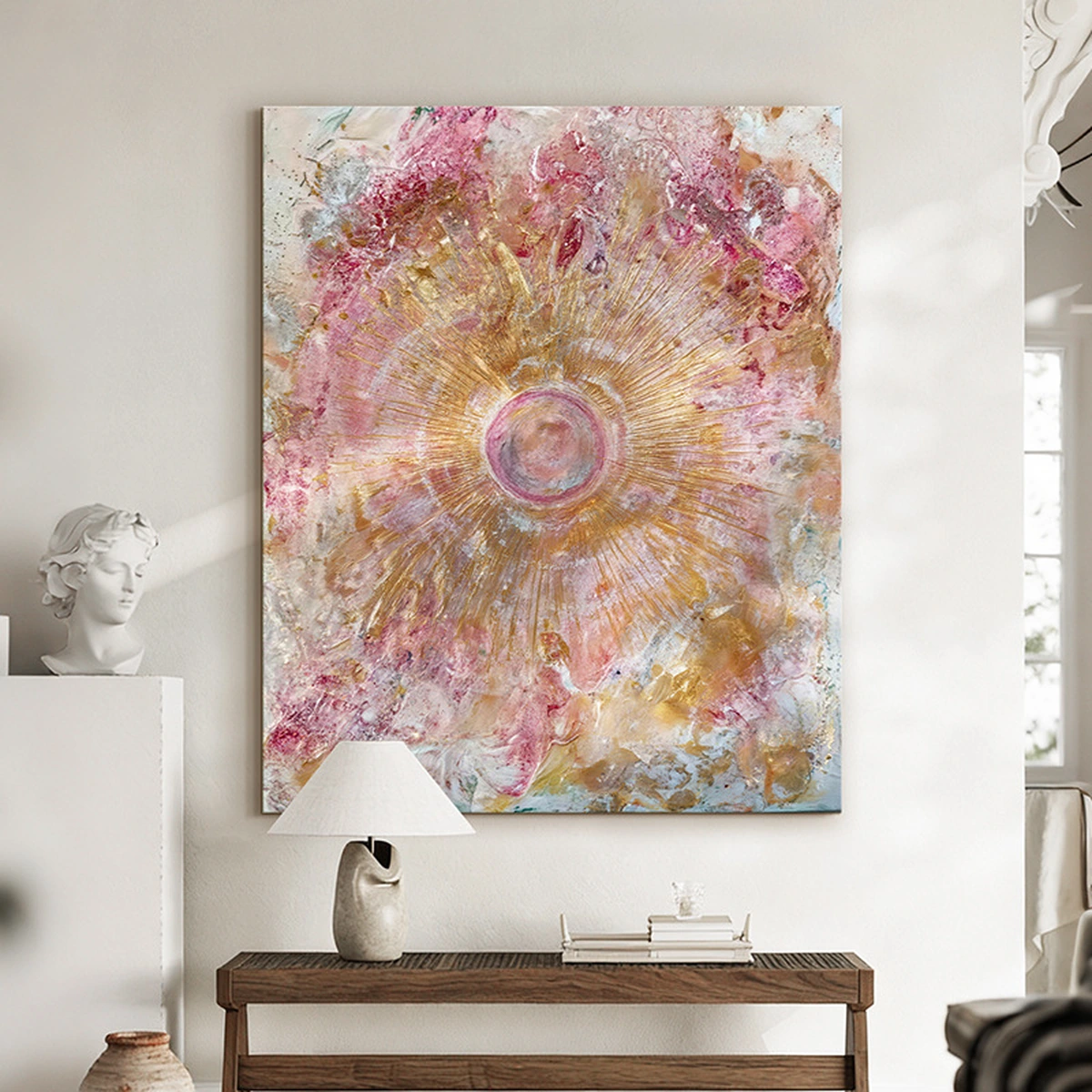 Still Form abstract oil painting displayed above a wooden console