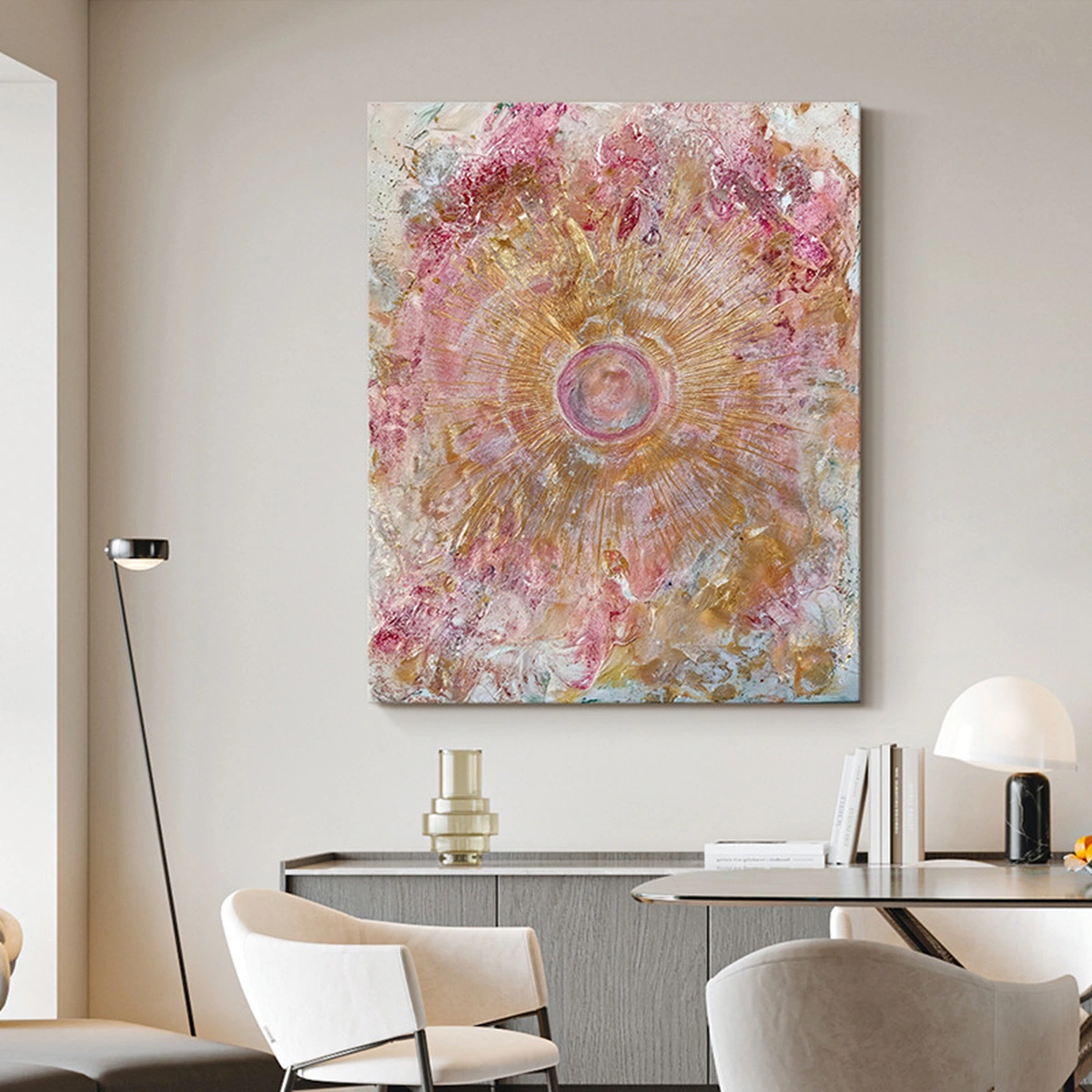 Still Form hand-painted abstract artwork displayed in a neutral dining space