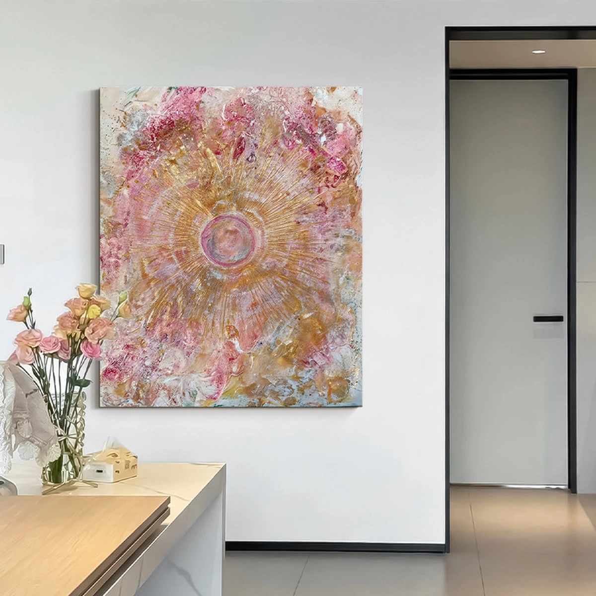 Still Form textured abstract oil painting displayed in a light entryway
