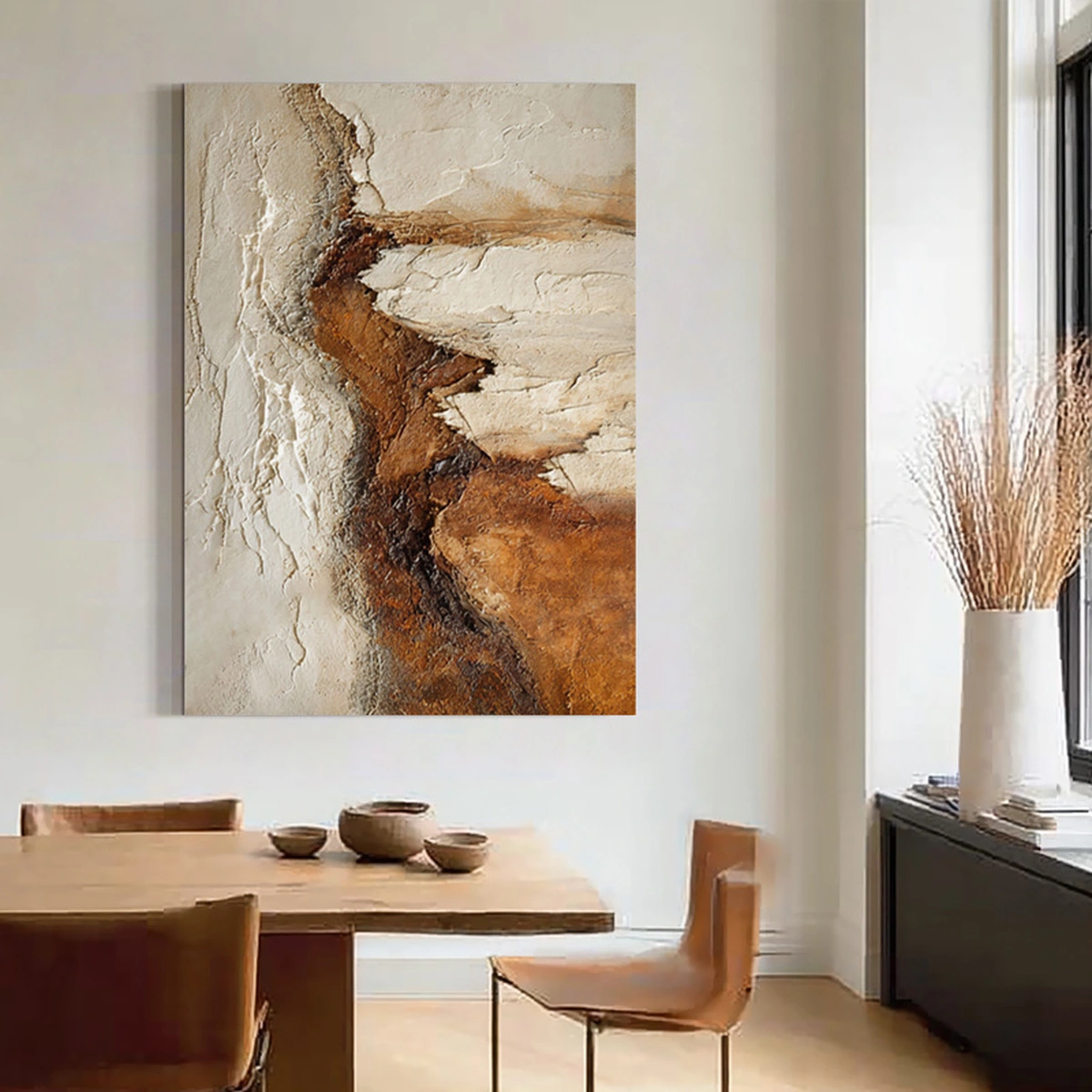 Stone Trace textured abstract painting displayed unframed in a light living room
