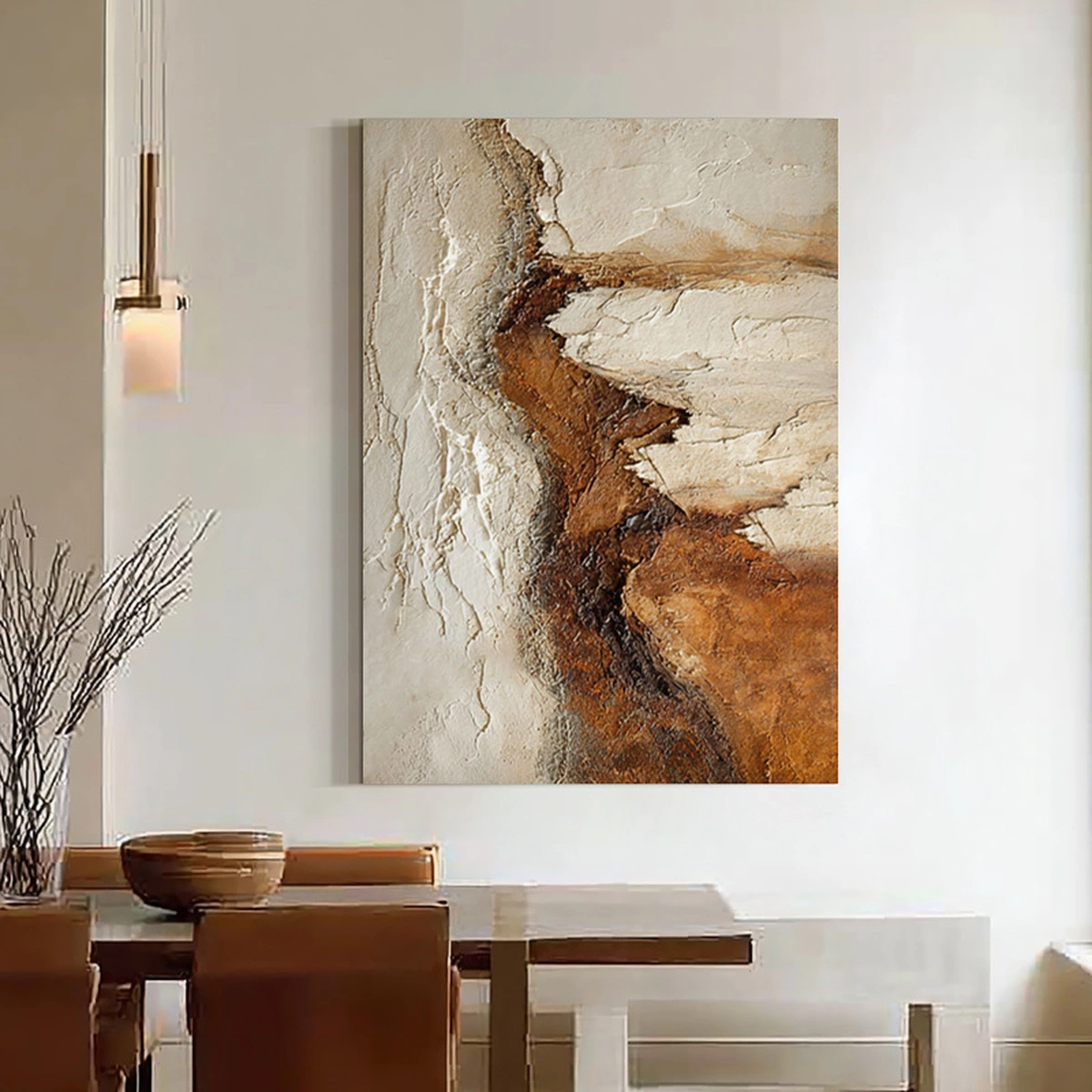 Stone Trace portrait abstract painting displayed unframed above modern seating