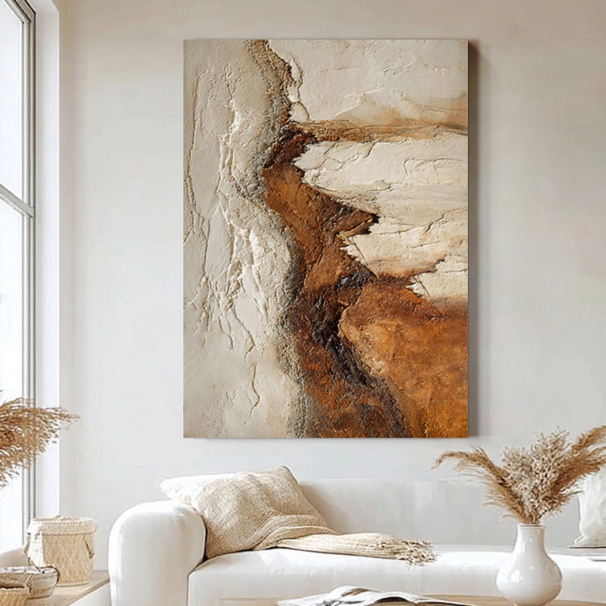 Stone Trace warm neutral abstract painting displayed unframed above a console