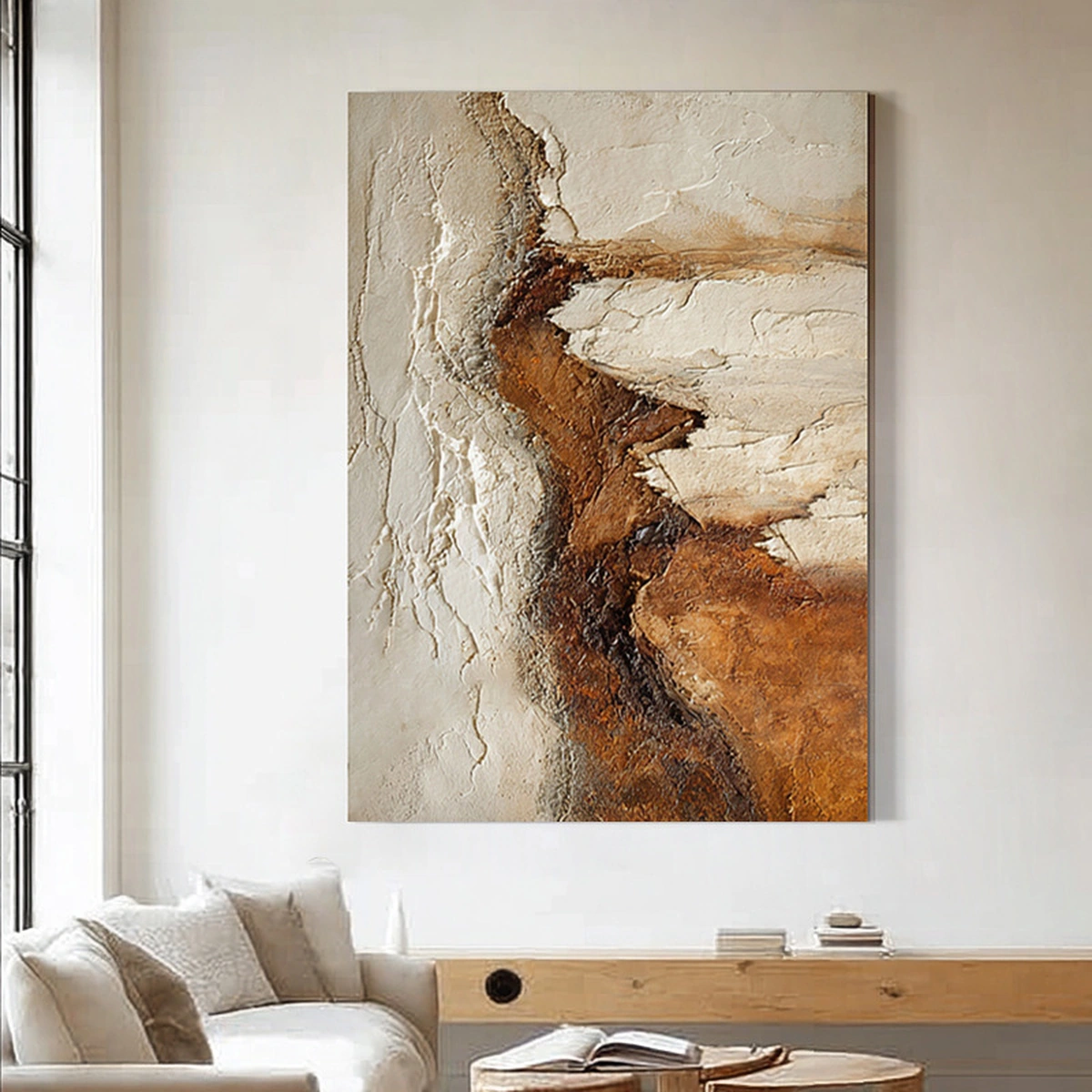Stone Trace hand-painted textured abstract displayed unframed in a warm interior