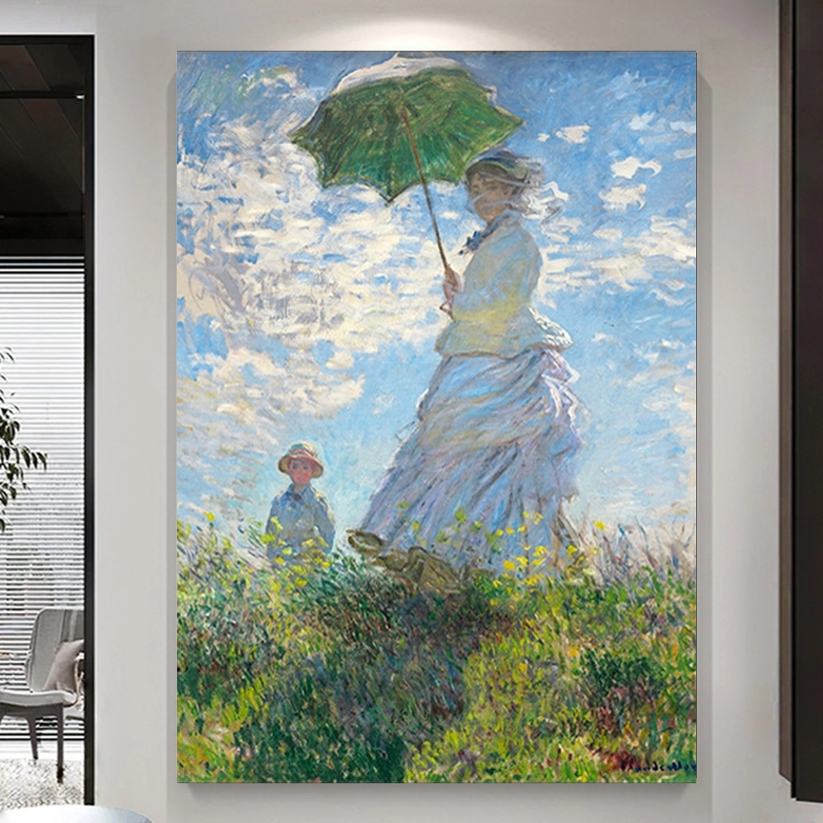 Summer Parasol figurative landscape oil painting displayed unframed in a modern living room