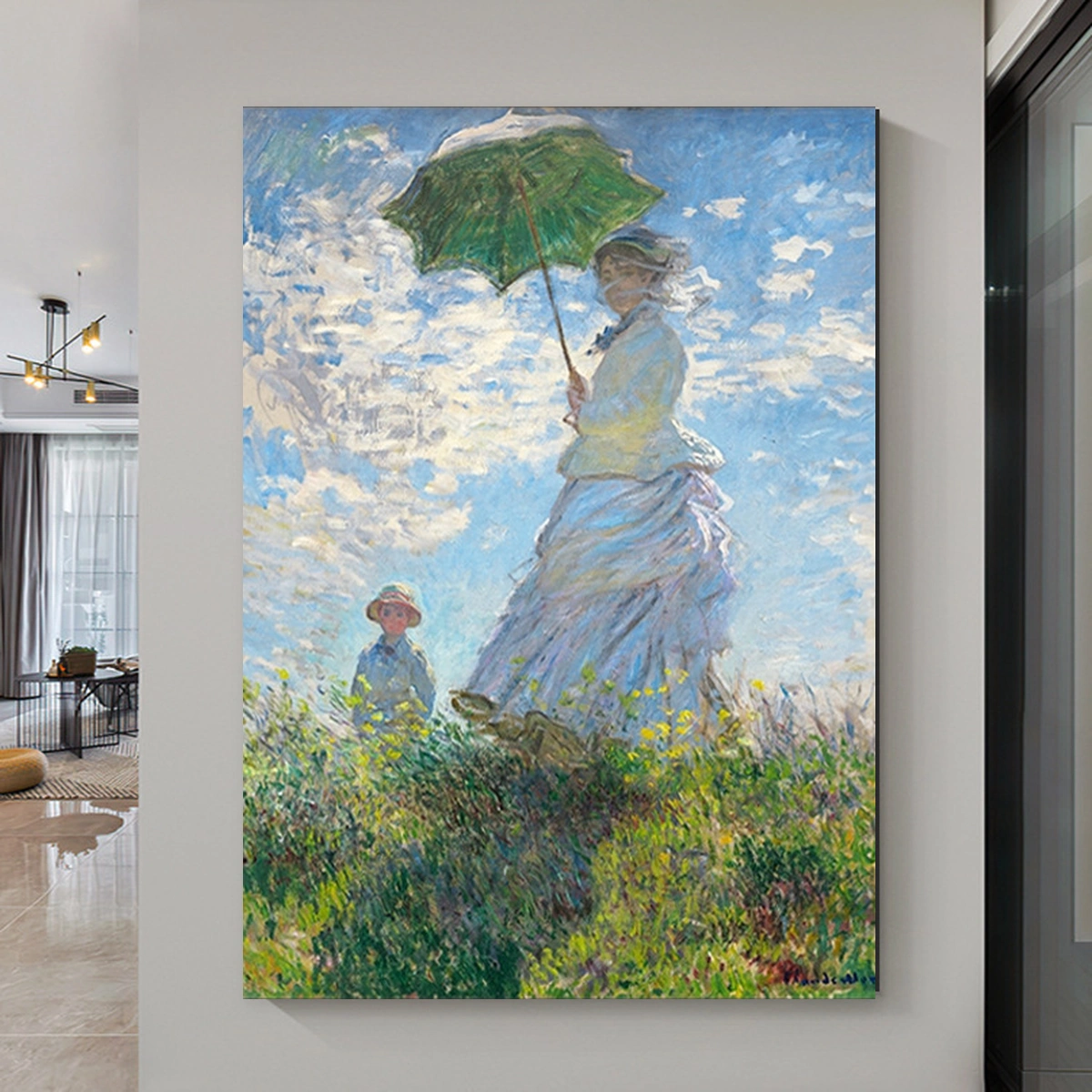 Summer Parasol figurative landscape painting displayed unframed in a bright entryway