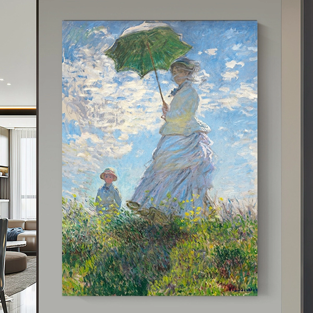 Summer Parasol figurative landscape painting displayed unframed in a contemporary dining room