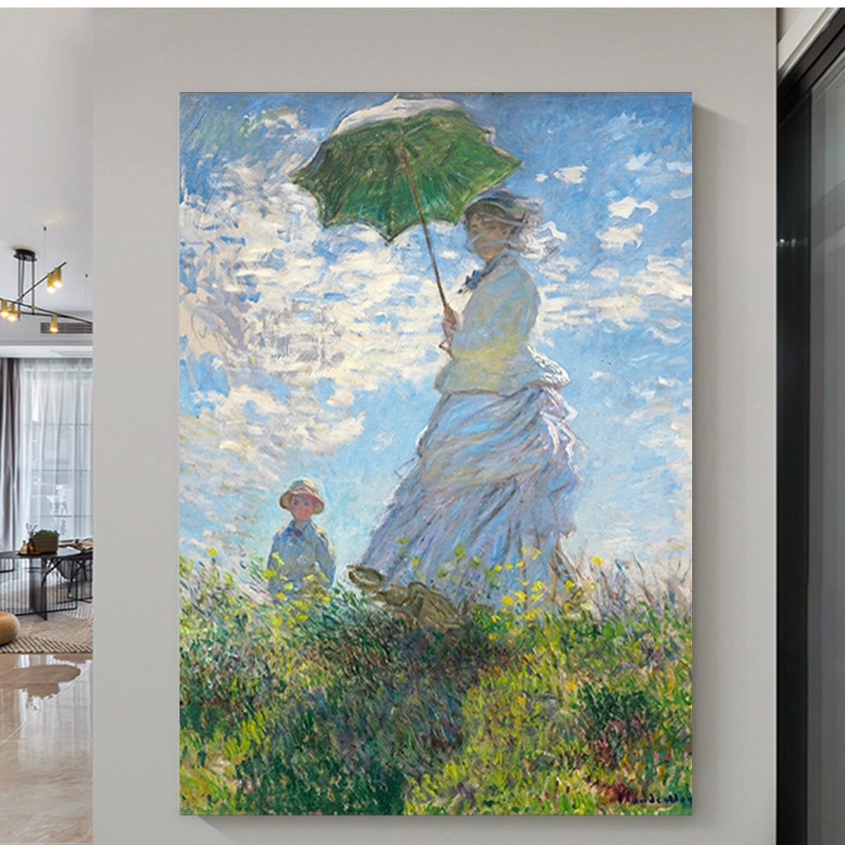 Summer Parasol figurative landscape painting displayed unframed in a quiet reading room
