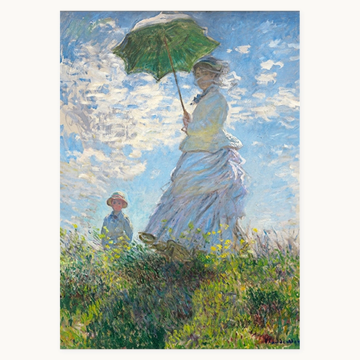 Summer Parasol hand-painted portrait landscape with two figures, a green parasol and a bright blue sky