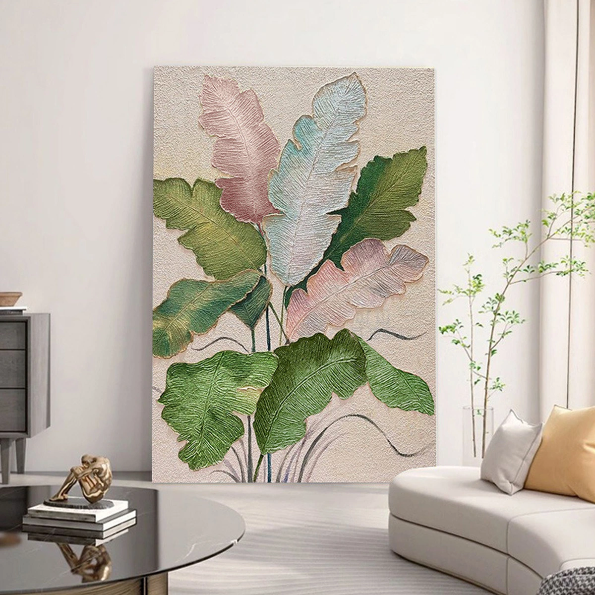 Verdant Form banana leaf painting displayed unframed in a living room