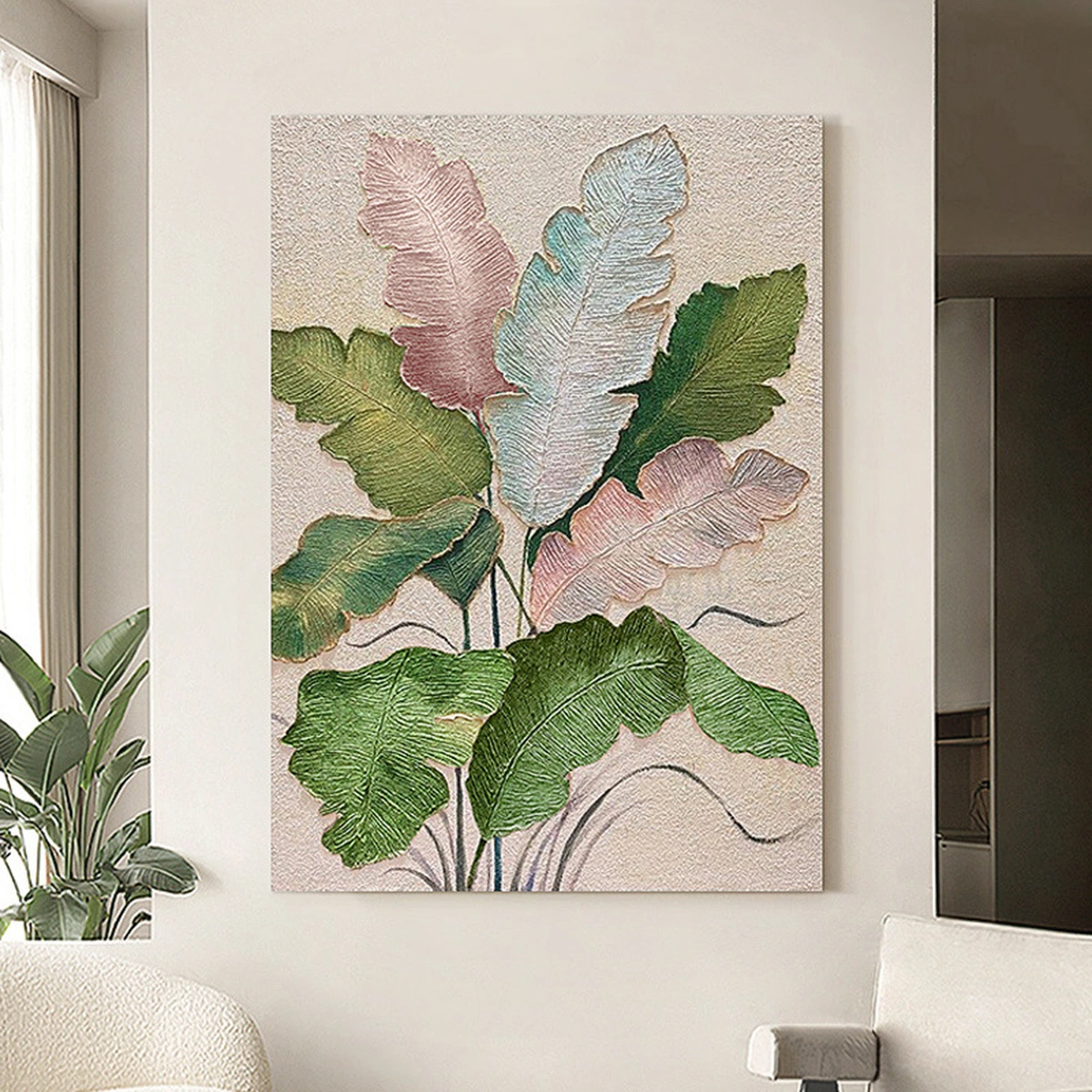 Verdant Form botanical painting displayed unframed above a console