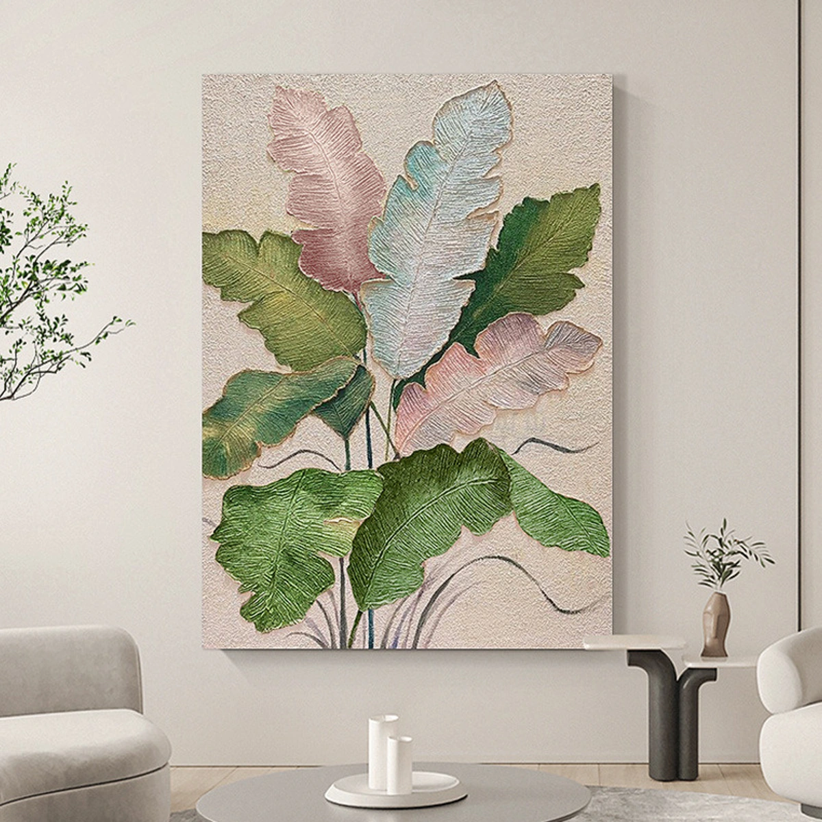Verdant Form textured banana leaf painting displayed unframed in a dining room