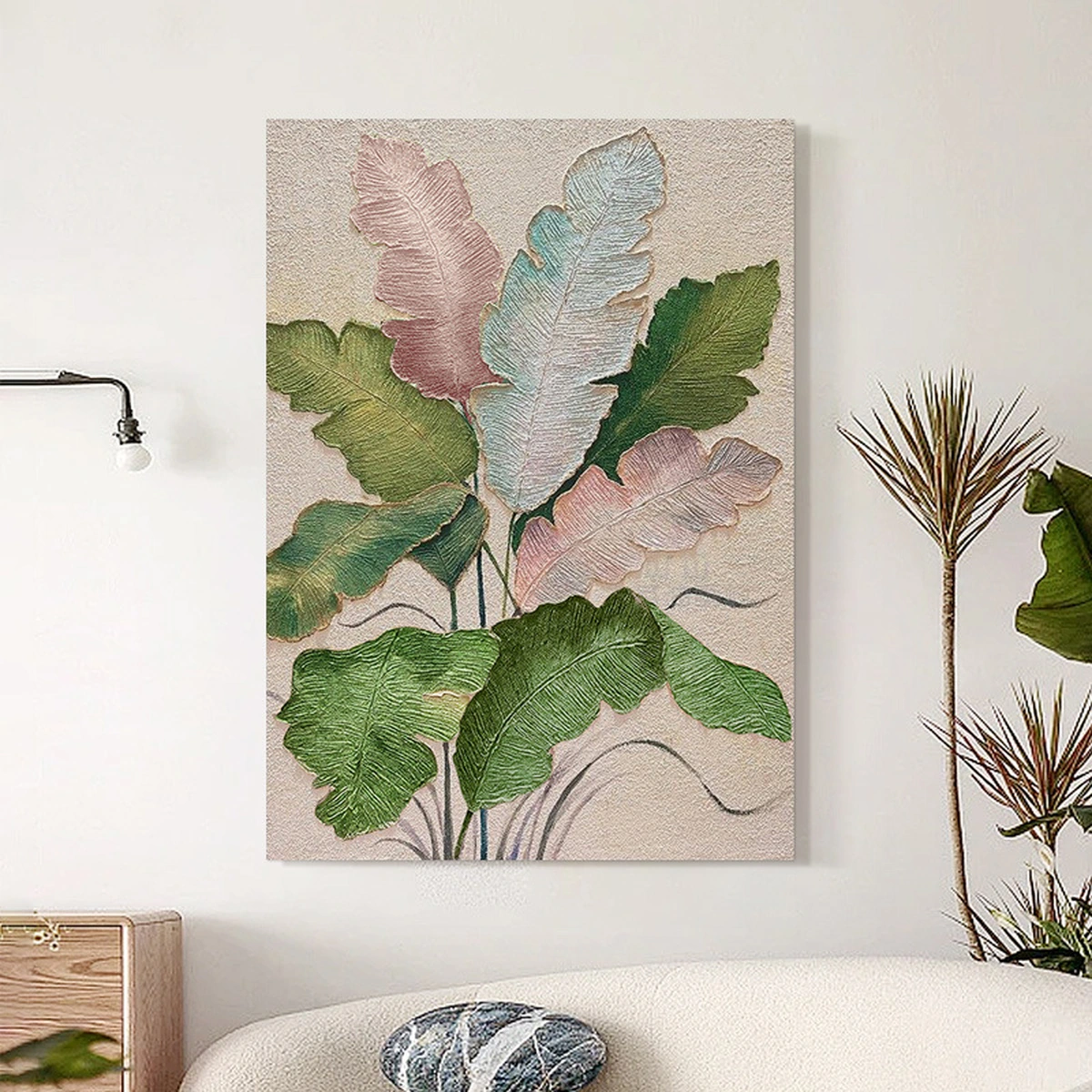Verdant Form hand-painted botanical artwork displayed unframed in a reading room