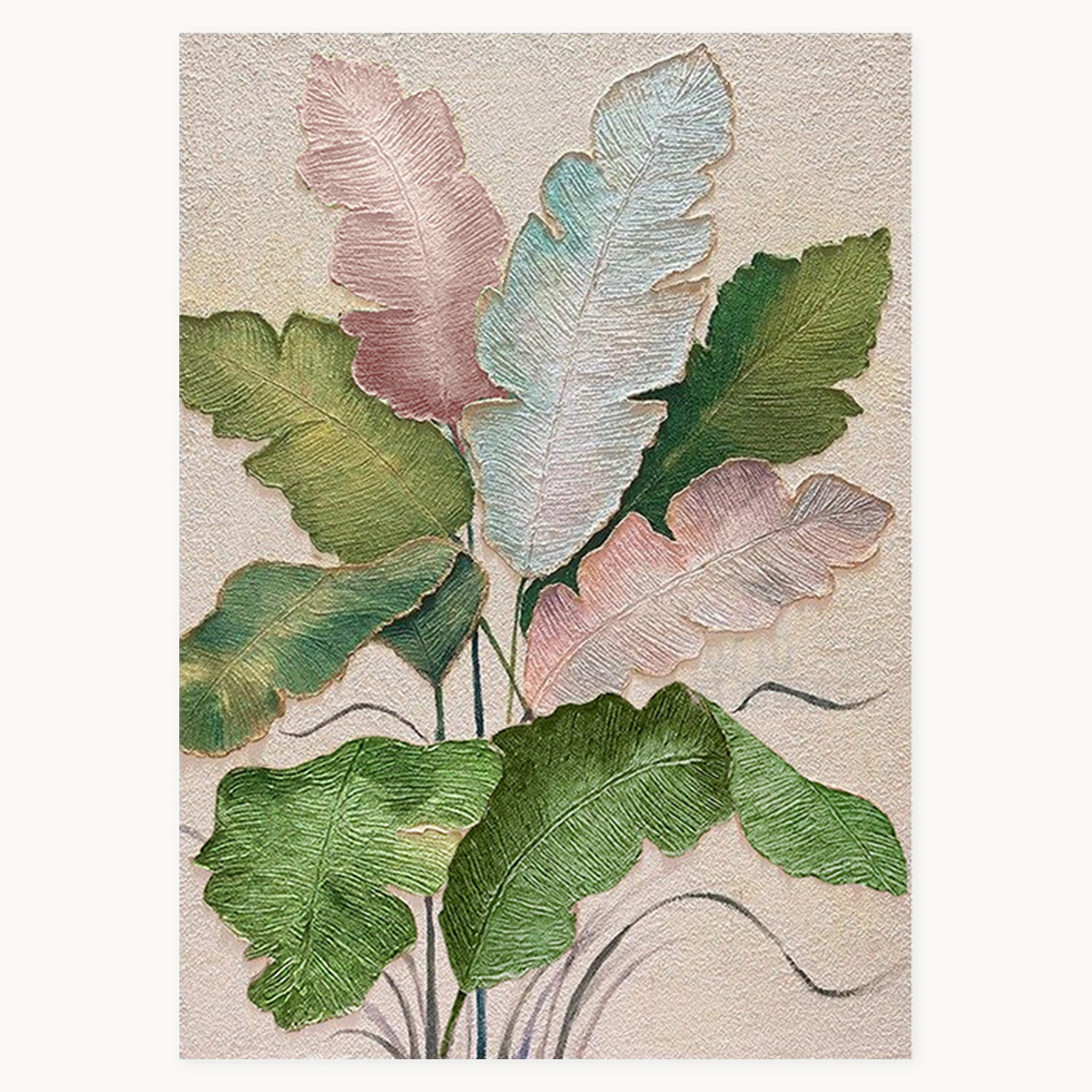 Verdant Form portrait botanical oil painting with layered banana leaves