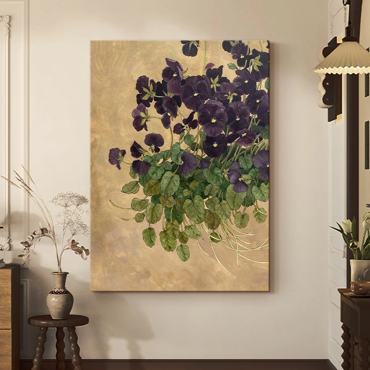 Violet Garden hand-painted violet floral oil painting in a neutral vintage interior